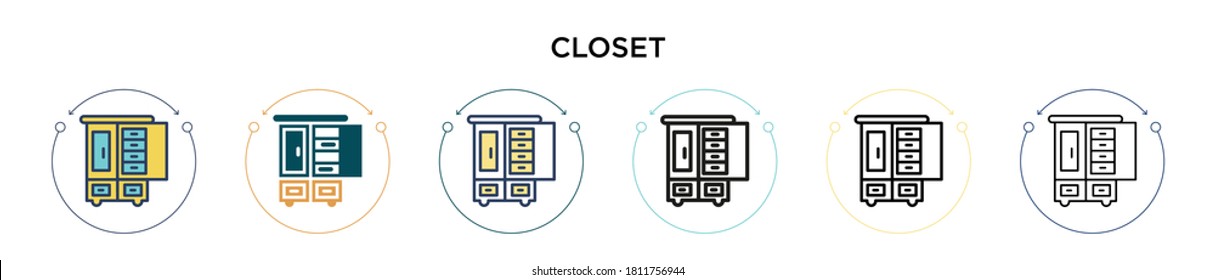 Das Closet-Icon ist voll, dünn, umrissen und mit einem Strich versehen. Vektorgrafik von zwei farbigen und schwarzen Schrank-Vektorgrafiken-Designs kann für mobile, iPhone-, web-basierte