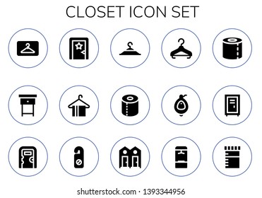 closet icon set. 15 filled closet icons.  Simple modern icons about  - Hanger, Nightstand, Dressing room, Clothing hanger, Toilet paper, Urinal, Locker, Public toilet, Urine