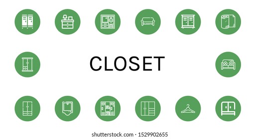 closet icon set. Collection of Locker, Bedside table, Wardrobe, Sofa, Lockers, Toilet paper, Urinal, Closet, Hanger icons