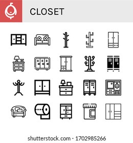 conjunto de iconos de closet. Colección de orina, Closet, Sofa, rack de abrigo, soporte de abrigo, armario, puesto nocturno, Locker, mesa de cama, papel higiénico, iconos de orina