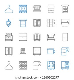 closet icons set. Collection of closet with locker, toilet paper, lockers, hanger, potty, sofa, wardrobe, chest of drawers, urinal, nightstand. Editable and scalable closet icons.