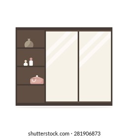 Closet isolated icon. Long wardrobe with mirror panels. Wooden furniture. Bedroom interior. Flat style vector illustration. 