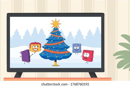  is a closet on which a TV sits, on the wall are wallpapers, on the TV screen are wallets dancing around the Christmas tree which is adorned with toys and garland, and at the top has
a star.