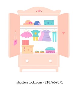 Closet with open doors from home dressing room of girl vector illustration. Cartoon isolated pink cupboard for organization of kids clothes, dress, skirt and trousers hanging on hangers of wardrobe