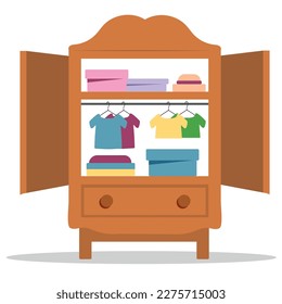 Closet with open doors from home dressing room of girl vector illustration. Cartoon isolated cupboard for organization of kids clothes, dress, skirt and trousers hanging on hangers of wardrobe.