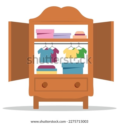 Closet with open doors from home dressing room of girl vector illustration. Cartoon isolated cupboard for organization of kids clothes, dress, skirt and trousers hanging on hangers of wardrobe.