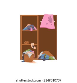 Closet piled with dirty things on white background. Clothes thrown near closet, vector illustration. Clutter in home wardrobe, flat style.