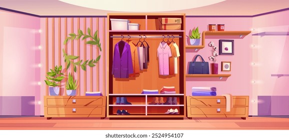 Interior del armario con ropa masculina organizada que cuelga en el gabinete, zapatos y bolso en el estante y los estantes, Elementos decorativos y espejo Grande con bombillas. Casa de Vector de dibujos animados o armario de la tienda.