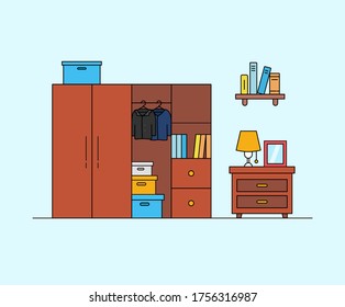Conjunto de ilustraciones de Closet y Shelf. Mesa, Interior de la casa, percha, dibujo Vector de ropa. Estilo dibujado a mano.