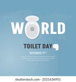 Closet top view with tissue illustration. World Toilet Day October 19th banner on dotted map background