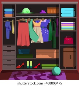 Closet wardrobe with fashion clothes. Closet wardrobe Wardrobe room with woman clothing: shoes and accessories, dress, shirt and bag, box. Closet wardrobe Flat style vector illustration.