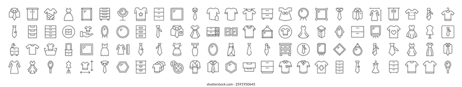 Closet, Wardrobe, Mirror, Dress, T Shirt Line Icon Collection. Editable Stroke. Minimalistic Linear Pictogram for Design of Cards, Apps, Banners, Posts