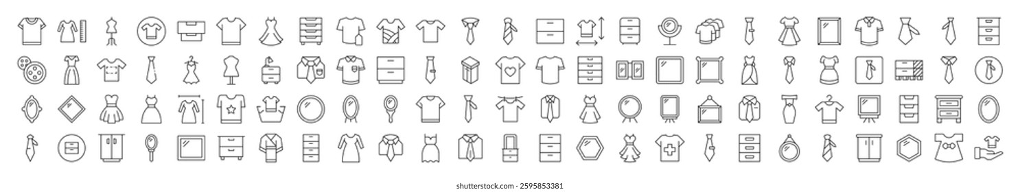 Closet, Wardrobe, Mirror, Dress, T Shirt Line Icon Bundle. Editable Stroke. Minimalistic Linear Pictogram for Design of Cards, Apps, Banners, Posts 