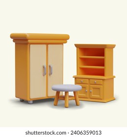 Closet and wardrobe with tea table near. Composition with furniture for clothes storage for home. Vector illustration in 3d style with white background