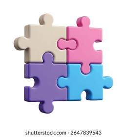 A close-up, 3D rendering showcases four interconnected puzzle pieces in pastel shades of cream, pink, purple, and blue against a stark black backdrop.