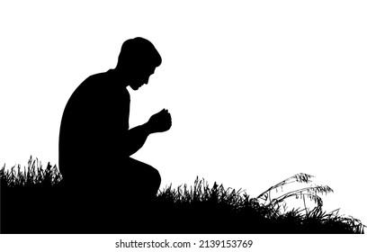 Closeup abstract devot holy saint boy face kneel grace sin concept logo icon sign. Dark draw young love plead beg bless lord fold arm soul spirit body wild rural park land retro bible gospel art style