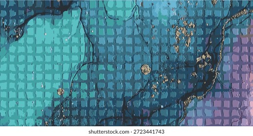 Um close-up de arte fluida abstrata mostrando padrões de redemoinho de azul escuro, azul profundo e roxo com acentos de ouro metálico.