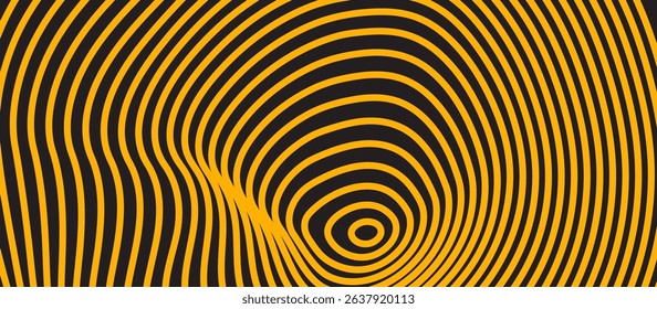 Close-Up Abstract Pattern with Concentric Slightly Wavy Orange-Yellow Lines on Dark Gray or Black, Creating Dense Layered Depth and Optical 3D Illusion with Recurring Circular Curves