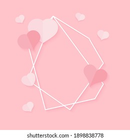 Closeup of abstract polygonal geometric white frame with pink hearts. Template empty text banner for Valentines day. Design element polyhedron frame for wedding invitation card. Vector illustration