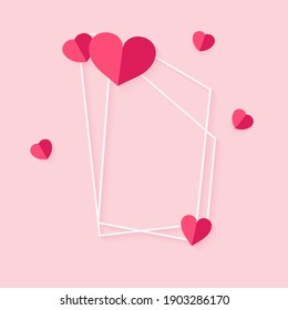 Nahaufnahme eines abstrakten polygonalen geometrischen weißen Rahmens mit rosafarbenen Herzen. Vorlage leeren Textbanner für Valentinstag. Design Element Polyhedron Rahmen für Hochzeitseinladung Karte. Vektorgrafik