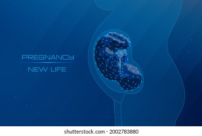 Close-up of abstract pregnant woman with embryo. New life. Preparation for childbirth. pregnancy concept, baby and mother communication, maternity or medical clinic .low poly .wireframe .plexus .dots