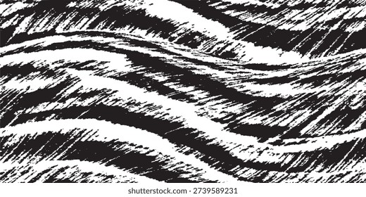 A close-up, abstract view of a black and white tiger stripe pattern, emphasizing the texture and flow of the lines.