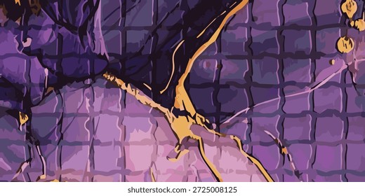 A close-up abstract view of organic, flowing shapes in yellow and dark purple against a textured purple grid background.