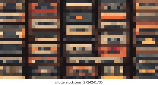 Um close-up, visão abstrata de fitas de cassete empilhadas, mostrando um mosaico de cores e formas.