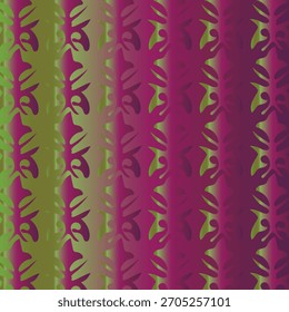 A close-up abstract view of vertical stripes featuring a repeating, intricate pattern in shades of purple, magenta, and green.