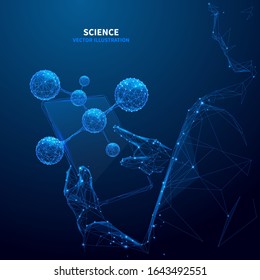 Closeup abstract young scientist touching on the visualization of a molecule model on a PC tablet. physic concept. Low poly wireframe vector illustration. Polygonal technology innovation in medicine.