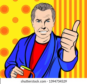 Closeup Of An Adult Senior Rich Man Wearing A Blue Fabric Bath Robe Holding A Cup. Retro Comic Book Style Cartoon, Classic Pop Art Colored Drawing, Vintage Vector 