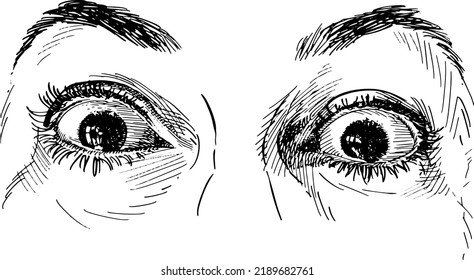 Close-up of adult woman's eyes wide open, surprised. Concept of eye language, non-verbal communication. Black and white vector illustration on white background.