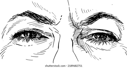 Close-up of adult woman's frowning eyes. Concept of eye language, non-verbal communication. Black and white vector illustration on white background.