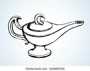 Closeup aged classic clay blow camp kerosene bottle on white table text space. Line black ink hand drawn golden holy fairy myth magic alladin dream pray logo sign design in art biblical cartoon style