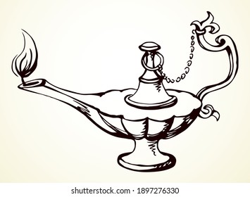 Closeup aged classic clay blow camp kerosene bottle on white table text space. Outline black ink hand drawn golden holy fairy myth magic alladin dream pray logo sign design art biblical cartoon style