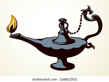 Closeup aged classic clay blow camp kerosene bottle on white table text space. Outline black ink hand drawn golden holy fairy myth magic alladin dream pray logo sign design art biblical cartoon style