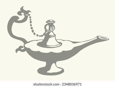 Closeup aged classic clay blow camp kerosene bottle on white table text space. Outline black ink hand drawn golden holy fairy myth magic alladin dream pray logo sign design art biblical cartoon style