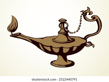 Closeup clássico argila antigo garrafa de querosene acampamento em espaço de texto de mesa branca. Contorno de tinta preta mão desenhada de ouro santa fada mito magia alladin sonho rezar logotipo design arte bíblico estilo cartoon