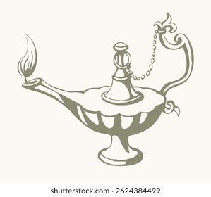 Closeup aged classic clay blow camp kerosene bottle on white table text space. Outline black ink hand drawn golden holy fairy myth magic alladin dream pray logo sign design art biblical cartoon style