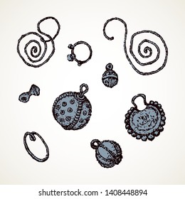 Closeup aged rough shape silver trinketry wear object set. Outline black ink hand drawn girl care copper metal bijou jewelery history icon sign in art doodle style pen on white paper backdrop for text