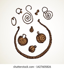 Closeup aged rough shape silver asian trinketry wear object set. Bright color hand drawn girl copper metal bijou history icon sign design sketch in century art style on white paper backdrop for text