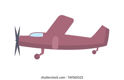 Closeup airplane in violet color isolated on white vector poster in graphic design. Fast mean of transportation for travelling by air