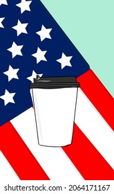 Closeup of American flag with coffee paper cup on green background. Mockup of coffee paper cup. Vector, Illustration.