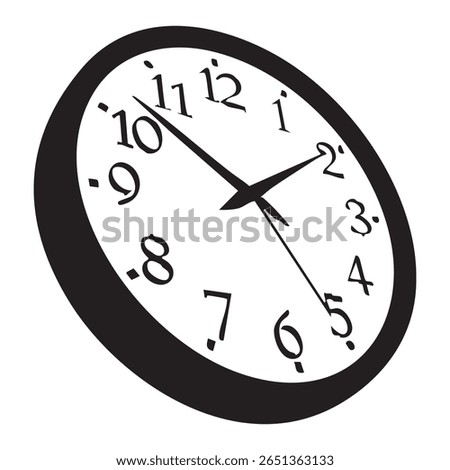 A close-up, angled view of a bright black analog wall clock with a white face, black numbers, and black hands, indicating a specific time.