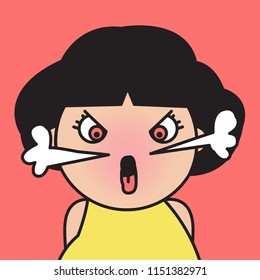 Closeup Angry Grumpy Expression Girl Concept Card Character illustration