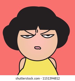 Closeup Angry Grumpy Stressful Expression Girl Concept Card Character illustration