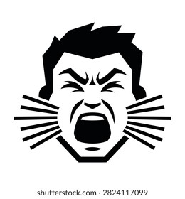 Close-up of an angry man's face screaming in frustration and rage with furrowed eyebrows