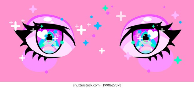 Close-up of the anime big cartoon eye with iridescent rainbow-colored pupil and sparkles.