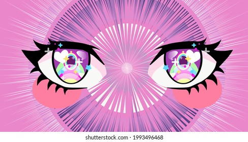 Close-up of the anime big cartoon eye with iridescent rainbow-colored pupil and sparkles.