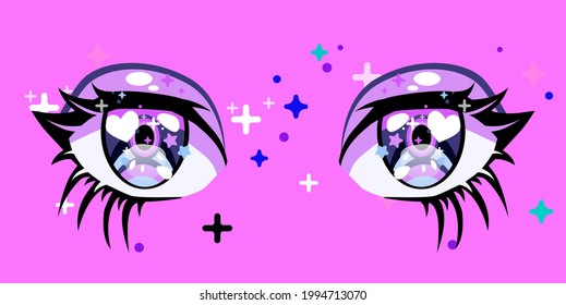 Close-up of the anime big cartoon eye with iridescent rainbow-colored pupil and sparkles.